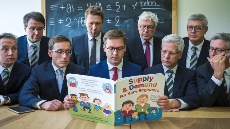 UK Conservative economic policy, A group of Conservative MPs in suits staring in bewilderment at a kindergarten-level economics picture book titled "Supply & Demand for Very Beginners"