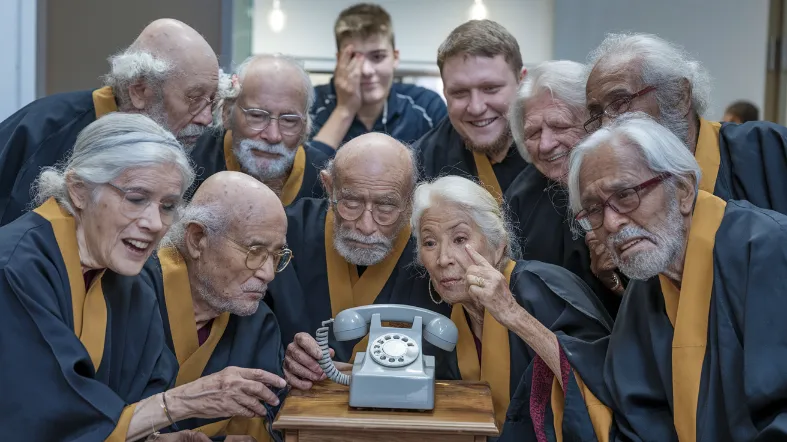 modernizing religious traditions, A committee of elders in traditional robes trying to take a group selfie with a rotary phone while a teenager facepalms in the background