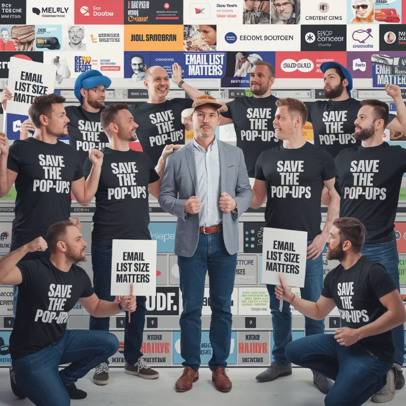 e-commerce sales strategy, A group of marketing gurus staging an intervention with the store owner, wielding "Email List Size Matters" protest signs and "Save the Pop-ups" t-shirts