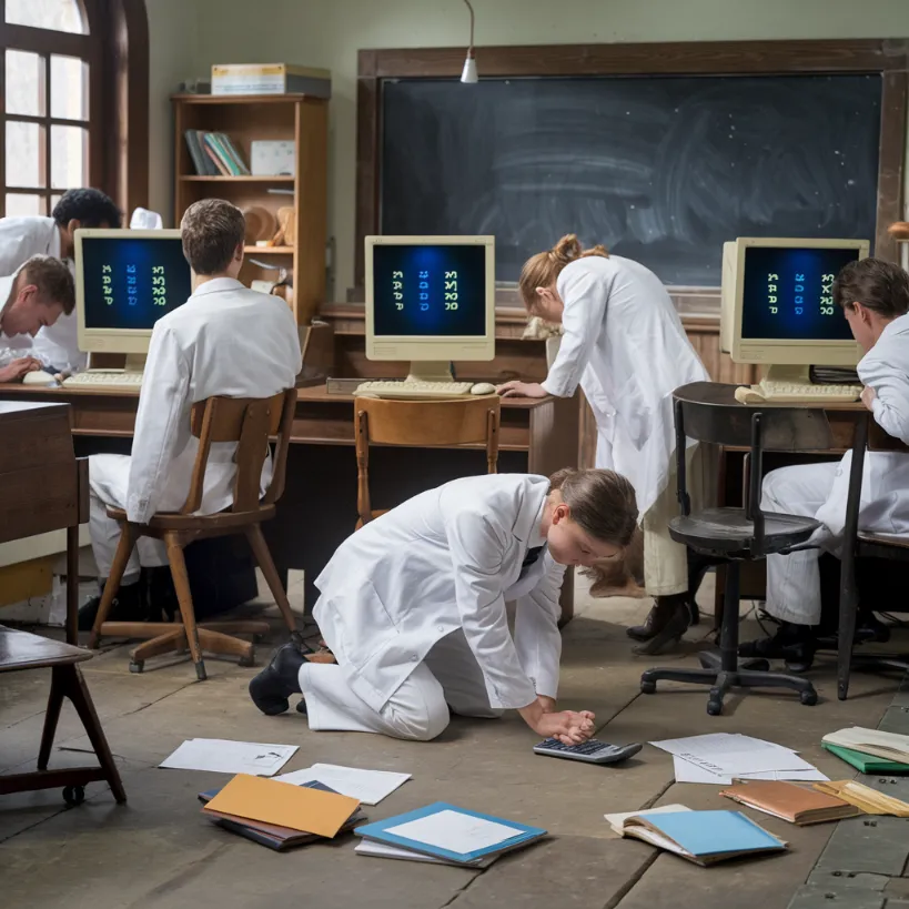 education data analysis, A dramatic recreation of researchers fainting in front of computer screens displaying simple multiplication tables, while one researcher attempts to perform CPR on a calculator