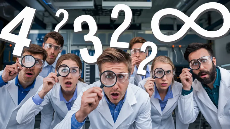 education data analysis, A group of exaggerated cartoon researchers in lab coats looking through magnifying glasses at giant floating numbers, with expressions of extreme surprise and one researcher trying to catch a runaway infinity symbol