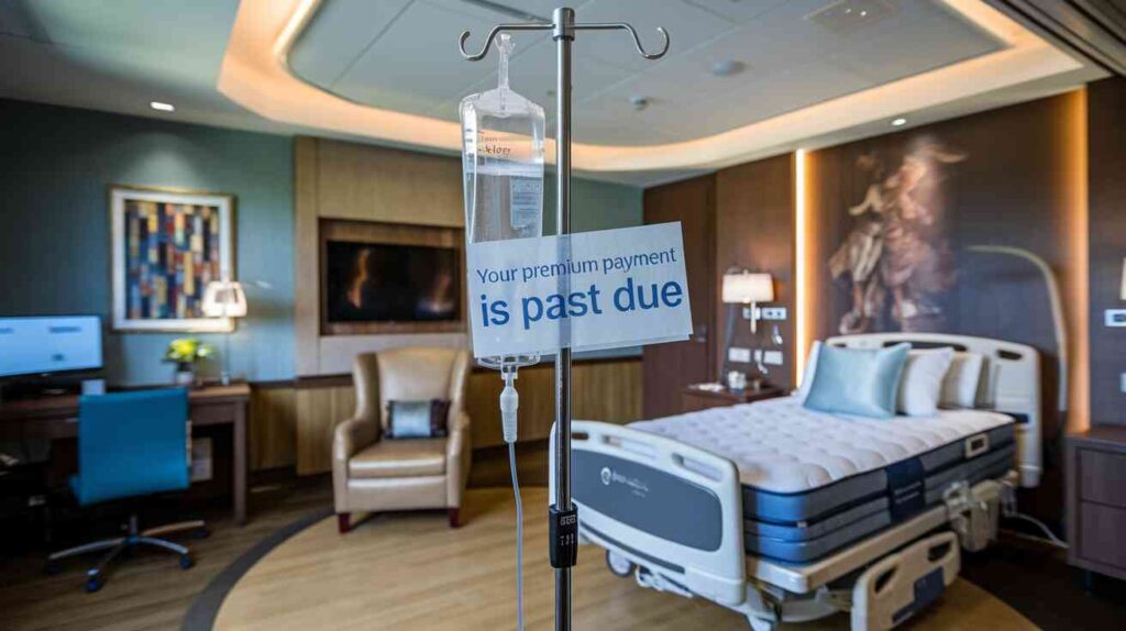 A luxury hospital room with a "Your Premium Payment Is Past Due" notice taped to the IV drip