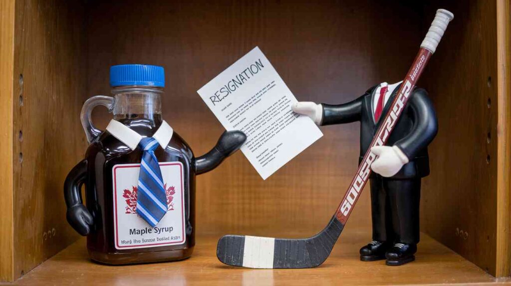 A maple syrup bottle wearing a tie and submitting its resignation letter to a hockey stick in a suit