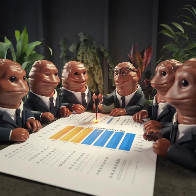 natural animal conservation methods, A professional meeting of earthworms in tiny business suits reviewing soil composition charts, one wearing glasses and using a laser pointer