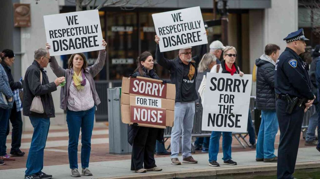 A protest where demonstrators are holding signs reading "We Respectfully Disagree" and "Sorry for the Noise"