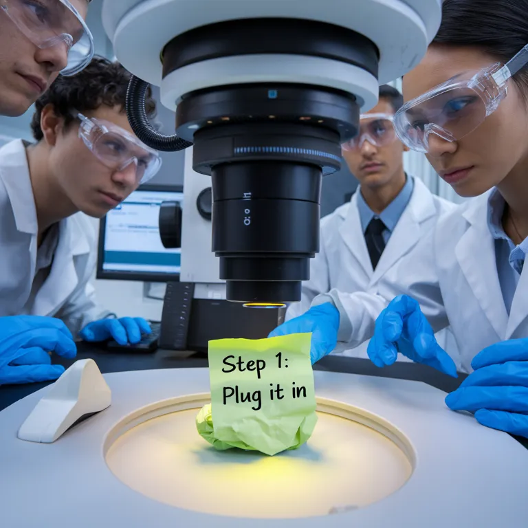 simple research breakthrough Caltech, A research team using electron microscopes and AI algorithms to analyze a crumpled Post-it note that says "Step 1: Plug it in