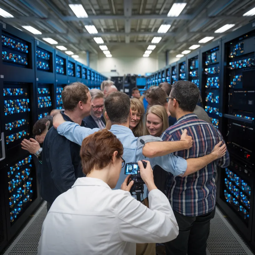 family addiction support effectiveness, A scientist with three Ph.D.s meticulously documenting a group hug while surrounded by supercomputers running complex algorithms