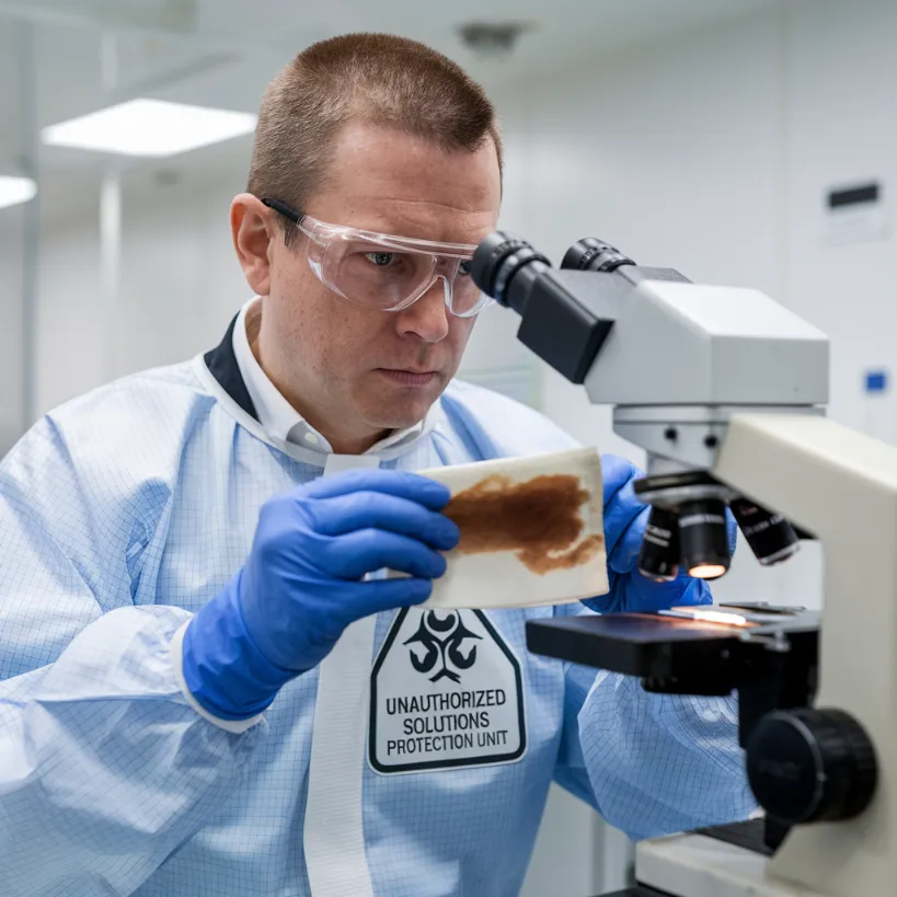 think tank solves world problems, A serious-looking administrator examining a coffee-stained napkin under a microscope while wearing hazmat gear labeled "Unauthorized Solutions Protection Unit"