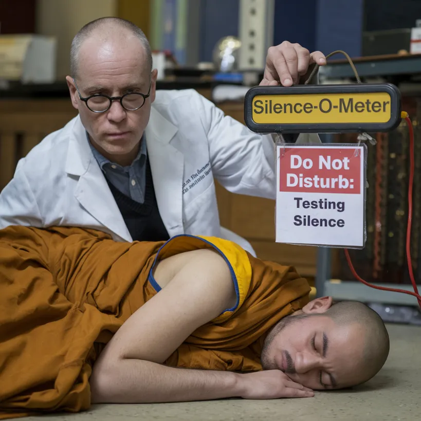 meditation silence breakthrough, A serious-looking scientist holding up a "Silence-O-Meter" next to a sleeping monk with a "Do Not Disturb: Testing Silence" sign