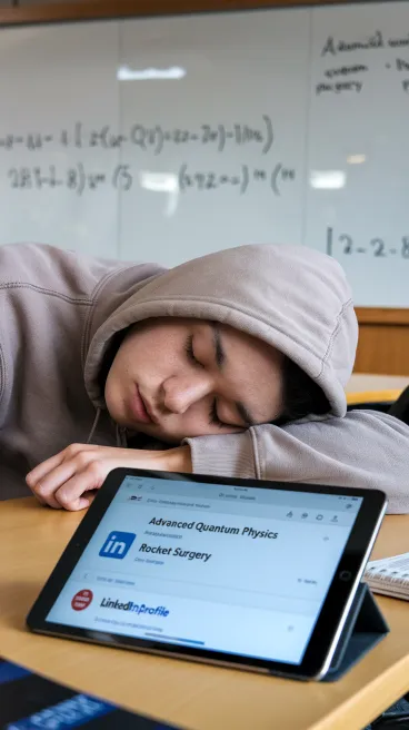 LinkedIn education credentials, A student sleeping through a lecture while their AI assistant automatically adds "Advanced Quantum Physics" and "Rocket Surgery" to their LinkedIn profile