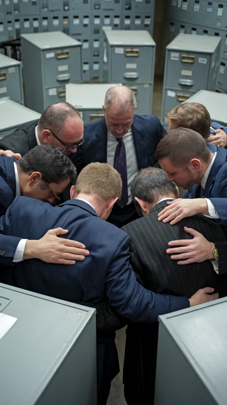 World Bank digital currency, A support group circle of bankers hugging their filing cabinets while crying