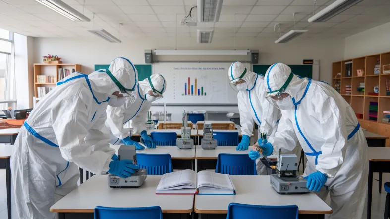 school funding achievement gaps, A team of scientists in hazmat suits cautiously approaching a well-funded classroom while taking readings with complex instruments, looking stunned at the presence of working pencil sharpeners and intact textbooks