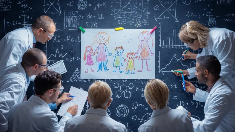 family addiction support effectiveness, A team of serious scientists in lab coats studying a child's crayon drawing of a happy family, with complex equations and graphs plastered all over the walls