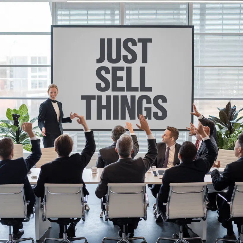 e-commerce sales strategy, Advertising agent pitching a campaign titled "Just Sell Things" and the executives loving it.