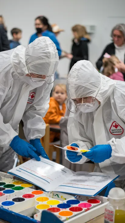 PTA meeting efficiency, Parents in hazmat suits conducting a risk assessment of the finger-painting station while consulting a 200-page safety manual