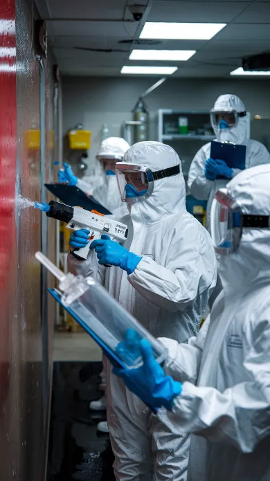 WHO water study results, Scientists in full hazmat suits using a water gun to test wetness levels while others take extremely serious notes on waterproof clipboard