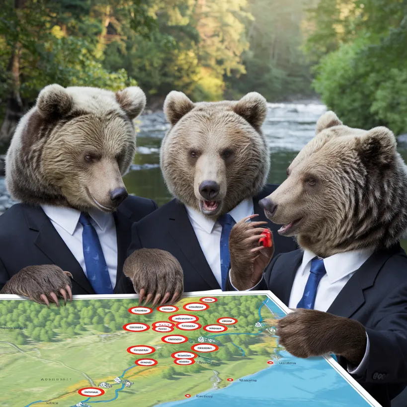 bear habitat protection summit, Three bears in business attire examining a map with red circles around prime fishing spots, while one bear repeatedly tries to eat the map markers thinking they're berries
