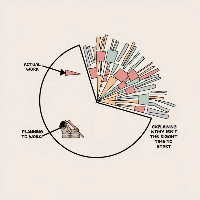 AI procrastination breakthrough, A pie chart showing AI productivity distribution: 2% actual work, 48% planning to work, 50% explaining why now isn't the right time to start