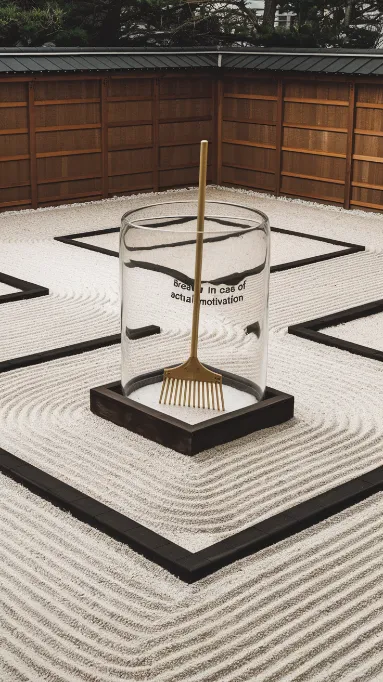 mindful procrastination enlightenment, A pristine zen garden with multiple unraked sections, featuring a golden rake sealed in glass with the inscription "Break in case of actual motivation"