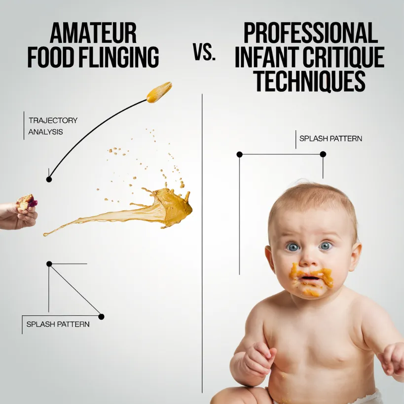 baby food critic development, A professional-looking diagram comparing "Amateur Food Flinging" vs. "Professional Infant Critique Techniques," complete with trajectory analyses and splash pattern interpretations