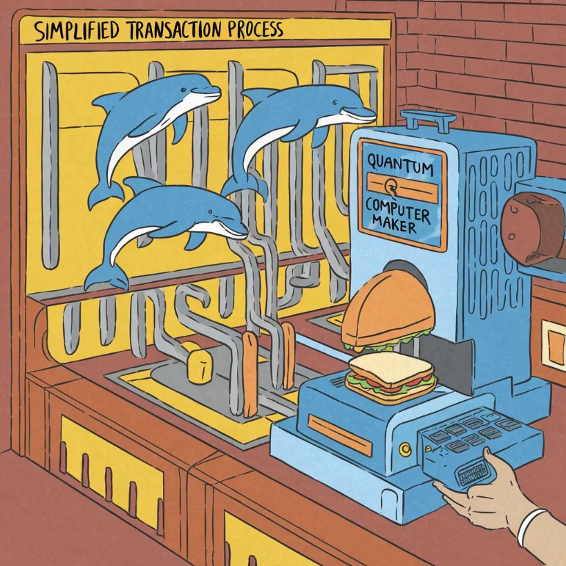 World Bank digital currency, A Rube Goldberg machine labeled "Simplified Transaction Process" that involves three trained dolphins, a quantum computer, and a sandwich maker