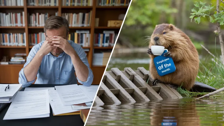 natural animal conservation methods, Split image showing a PhD professor struggling with a 500-page conservation proposal next to a beaver casually building a dam while sipping coffee, with a "Employee of the Month" badge