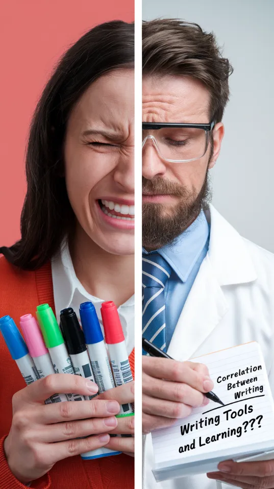 school funding achievement gaps, Split-screen comparison: Left side shows a teacher sobbing tears of joy while holding a pack of working dry-erase markers; Right side shows a scientist furiously scribbling notes titled "Correlation between Writing Tools and Learning???