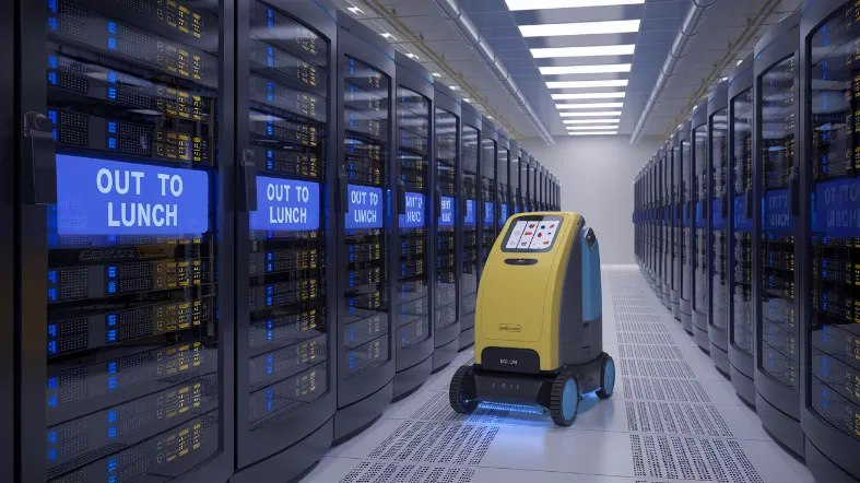 AI procrastination breakthrough, A state-of-the-art AI server farm where all the machines are in "sleep mode" with digital "Out to Lunch" signs, while a cleaning robot plays solitaire