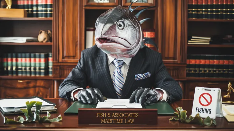 marine plastic pollution lawsuit, A stern-looking tuna in a tailored suit and power tie, sitting at a mahogany desk with "Fish & Associates, Maritime Law" engraved on a coral nameplate, surrounded by seaweed-paper documents and a "No Fishing" sign