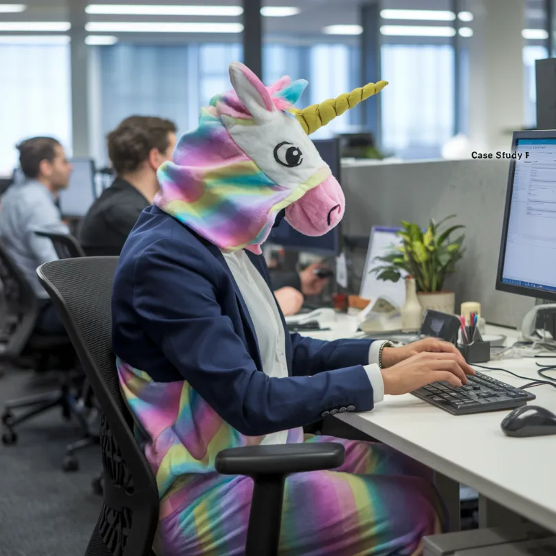 zoom meeting productivity tips, Surveillance photo of subject wearing business attire above desk, unicorn onesie below, annotated with "CASE STUDY B"