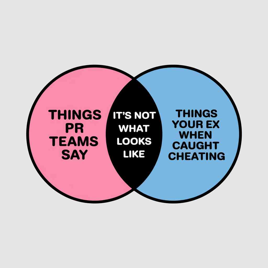 A Venn diagram showing the overlap between "Things PR Teams Say" and "Things Your Ex Says When Caught Cheating," with the middle section simply saying "It's Not What It Looks Like"