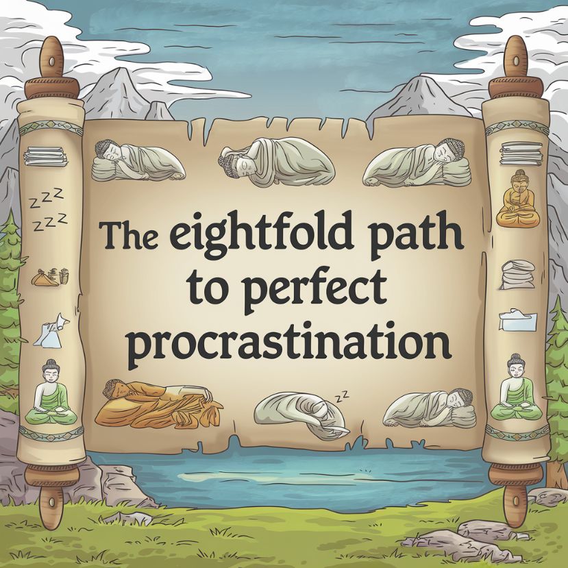 mindful procrastination enlightenment, An ancient scroll showing "The Eightfold Path to Perfect Procrastination," decorated with doodles of sleeping buddhas and unfinished tasks