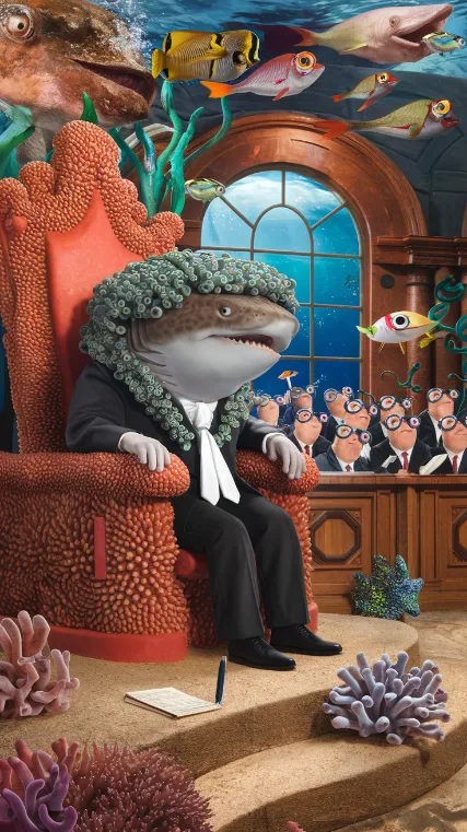 marine plastic pollution lawsuit, An elaborate underwater courtroom with a whale shark judge wearing a powdered wig made of sea anemones, while a school of fish serves as the jury, each wearing tiny spectacles and taking notes with kelp pens