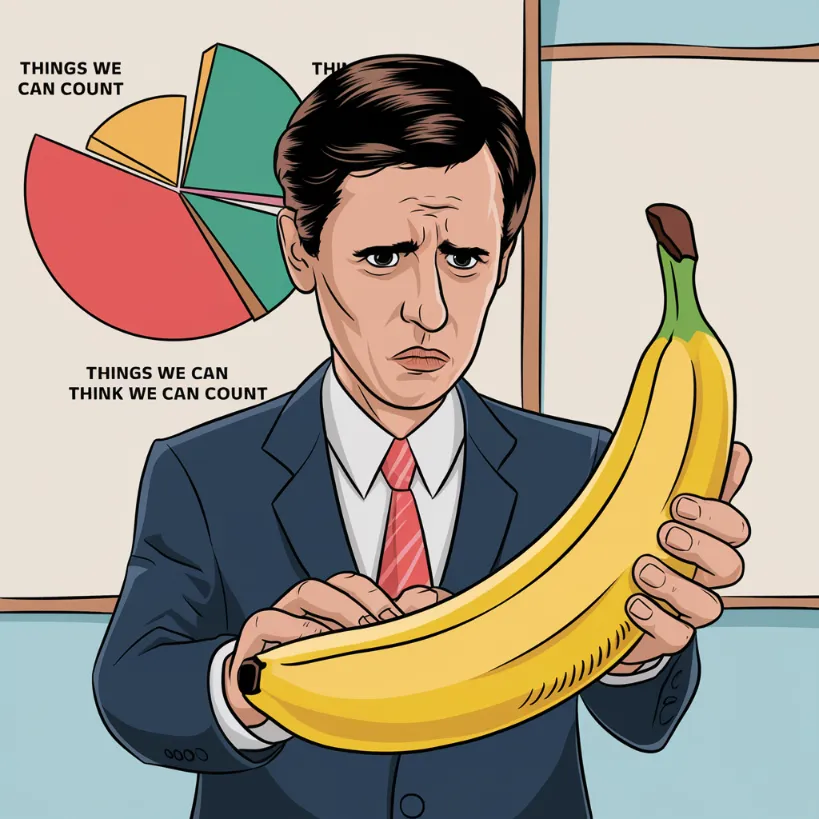 education data analysis, A confused administrator trying to count students while using a banana as a calculator, with a pie chart in the background showing "Things We Can Count" vs "Things We Think We Can Count" vs "Things That Count Us"