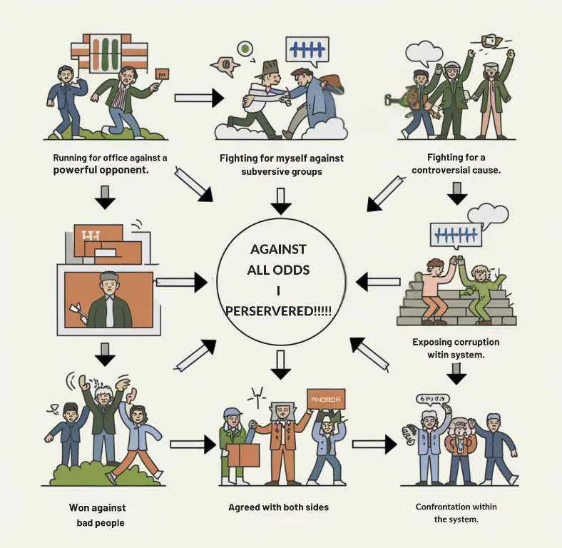 Political memoir writing tips, A "Choose Your Political Adventure" flowchart where all paths somehow lead to "Against All Odds, I Persevered"