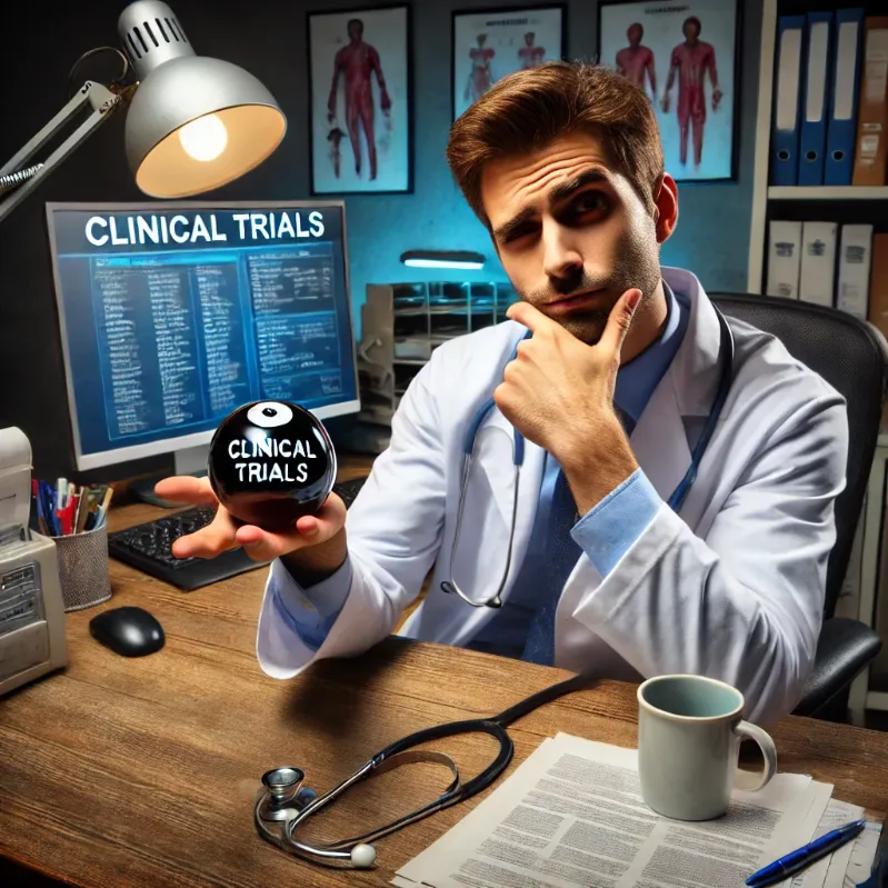 celebrity doctor credibility, A doctor consulting a Magic 8-Ball labeled "Clinical Trials" while a stack of actual medical journals serves as a monitor stand