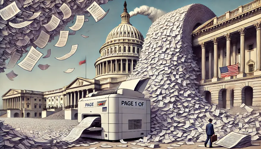 congressional bill expansion, A tired printer spewing out an endless stream of paper that wraps around the Capitol building three times, with a tiny "Page 1 of ∞" visible in the corner