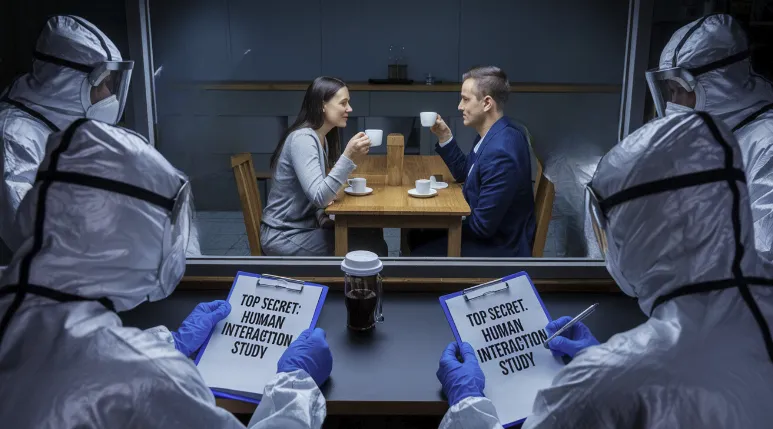 cultural understanding research, A team of scientists in hazmat suits carefully observing two people having coffee through a two-way mirror while taking notes on clipboards labeled "Top Secret: Human Interaction Study"