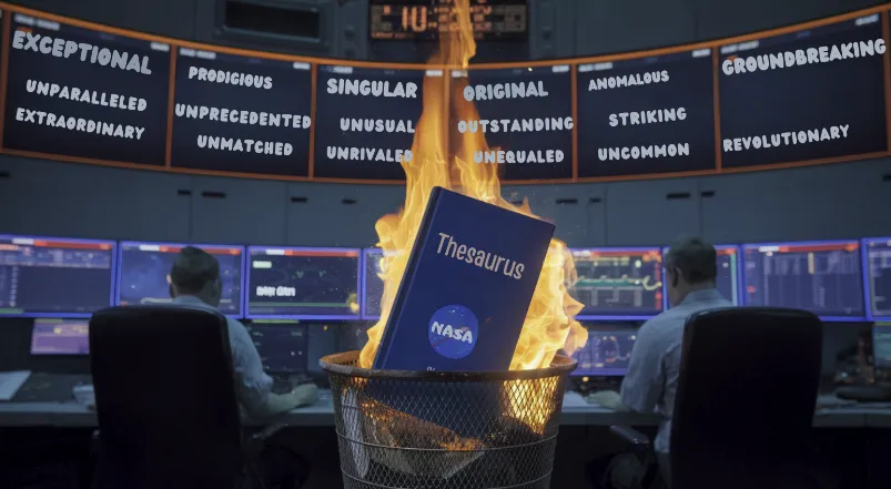 NASA communication crisis, VA NASA Mission Control room where all screens display synonyms for "unprecedented," while a lone thesaurus burns dramatically in a wastebasket