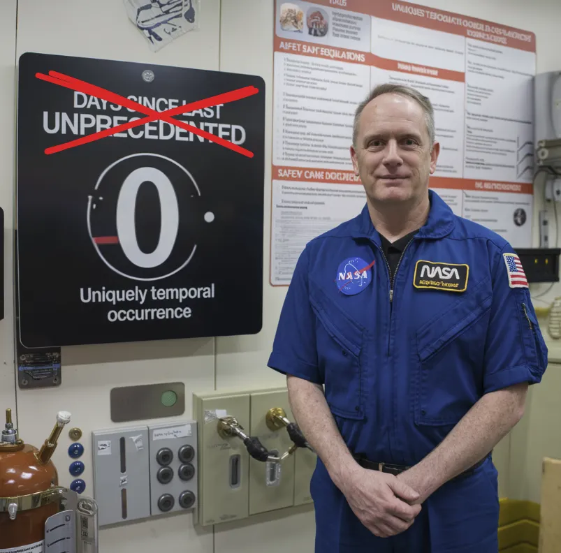 NASA communication crisis, A NASA administrator standing next to a "Days Since Last Unprecedented" safety counter, showing "0" despite being crossed out and replaced with "uniquely temporal occurrence