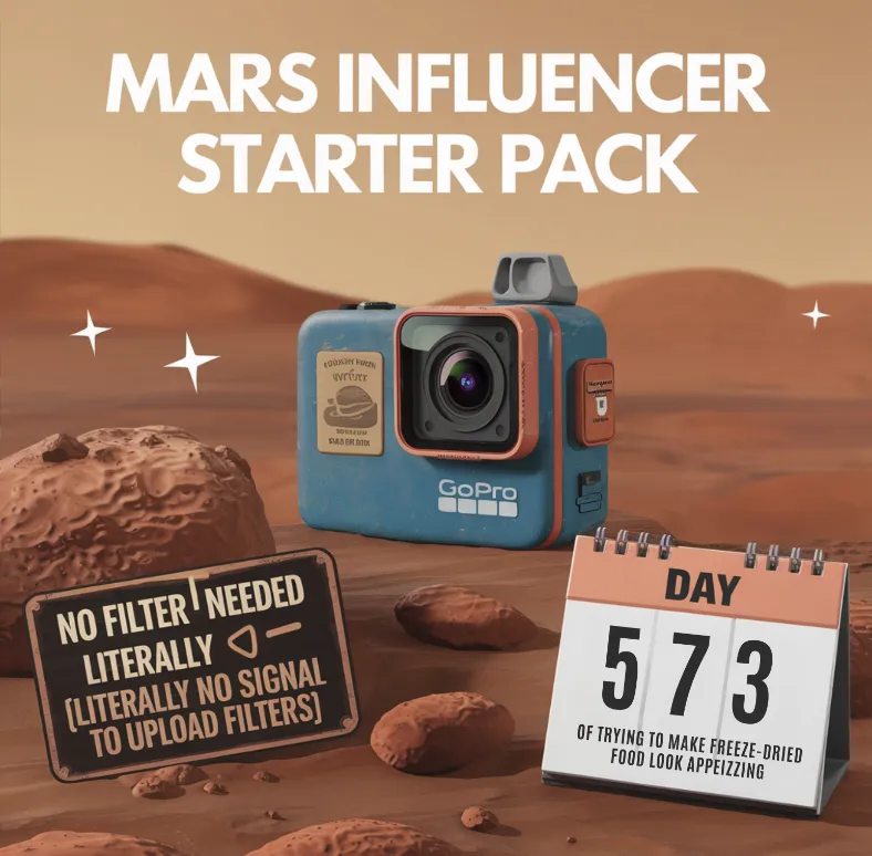 Mars colony lifestyle reality, A "Mars Influencer Starter Pack" meme showing a dusty GoPro, a "No Filter Needed (Literally No Signal to Upload Filters)" sign, and a calendar marked "Day 573 of trying to make freeze-dried food look appetizing"