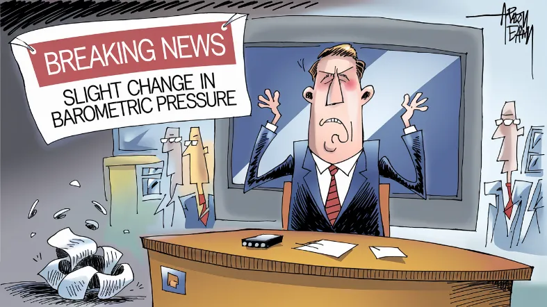 CNN breaking news addiction, An anchor having a meltdown while reporting on a slight change in barometric pressure, with a rejected "BREAKING NEWS" banner crumpled at their feet