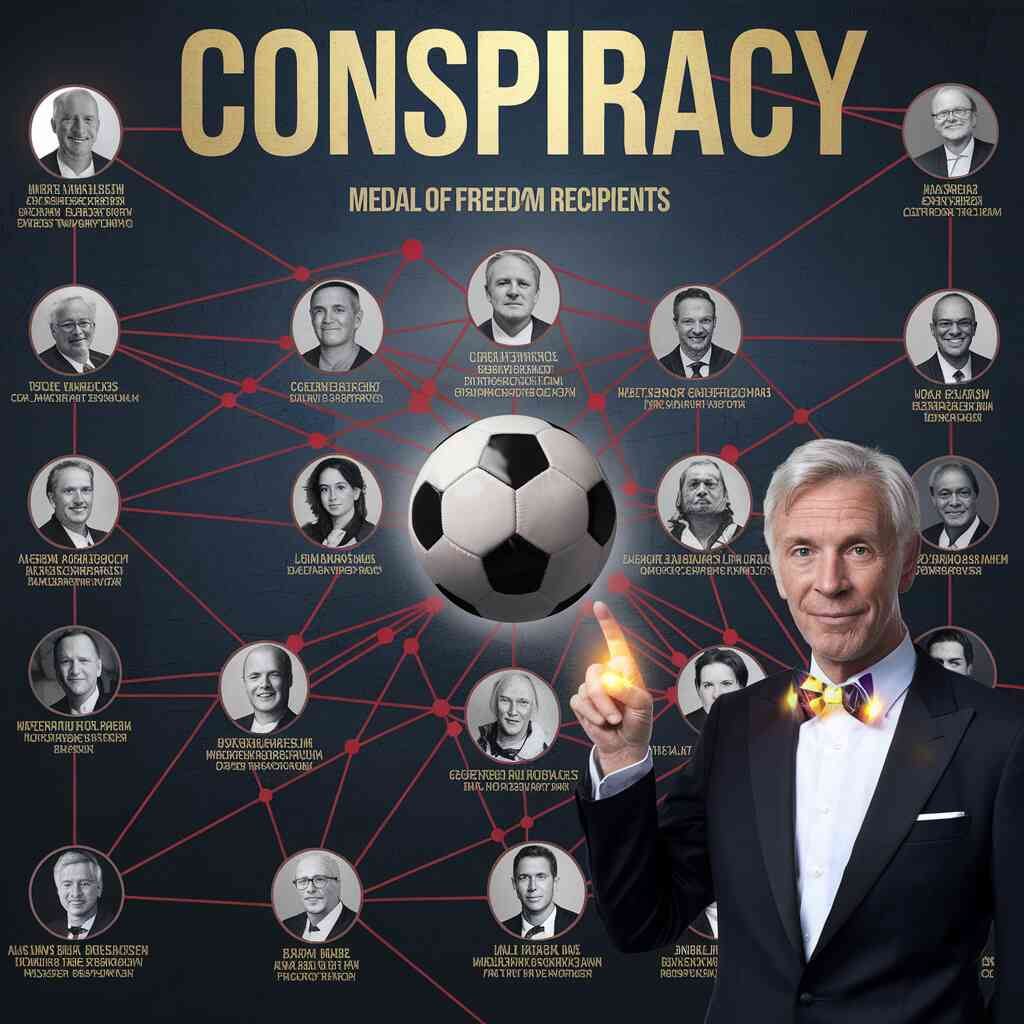An elaborate conspiracy board showing Medal of Freedom recipients connected by red string, with Lionel Messi's soccer ball at the center and Bill Nye pointing at it with his bow tie glowing mysteriously