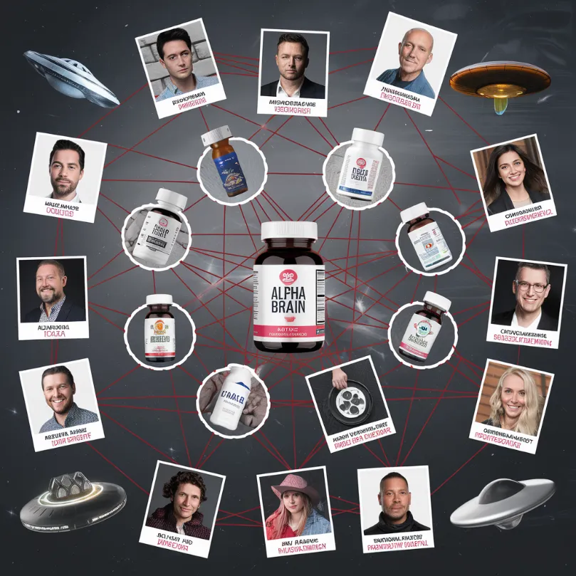 Joe Rogan supplement empire, A conspiracy theory board with photos of podcast guests, supplement bottles, and UFOs all connected by red string, with a single bottle of Alpha Brain at the center
