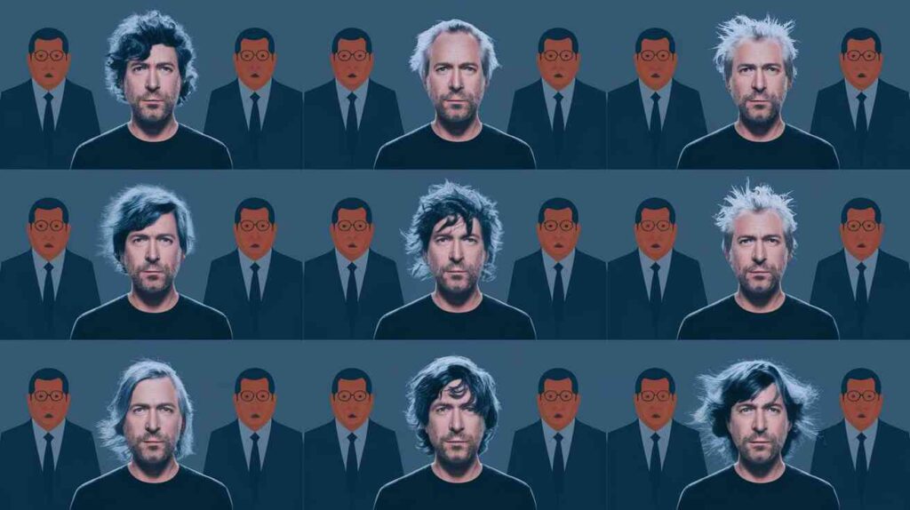 A corporate PowerPoint presentation where every slide is just Neil Gaiman's hair getting progressively more untamed, with executives wearing increasingly concerned expressions