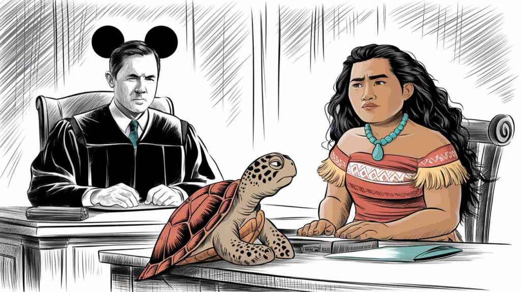 A courtroom sketch where the judge is wearing Mickey Mouse ears, the lawyer is dressed as Maui, and the stenographer is a very confused-looking sea turtle typing with its flippers