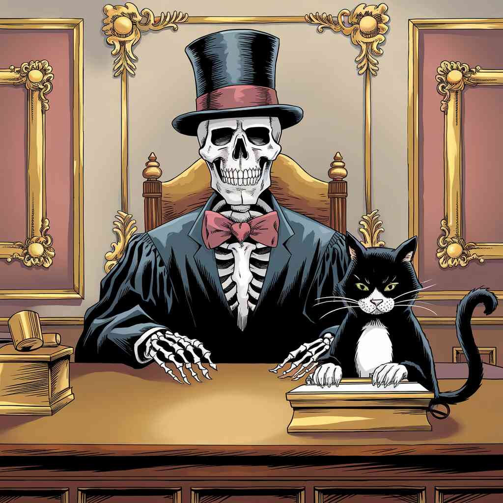 A courtroom where the judge is clearly Death from Sandman, while the stenographer is a black cat typing with its paws