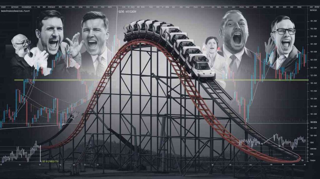 A dramatic stock chart where the Nvidia stock line is replaced with a roller coaster track, with screaming investors edited onto the cars