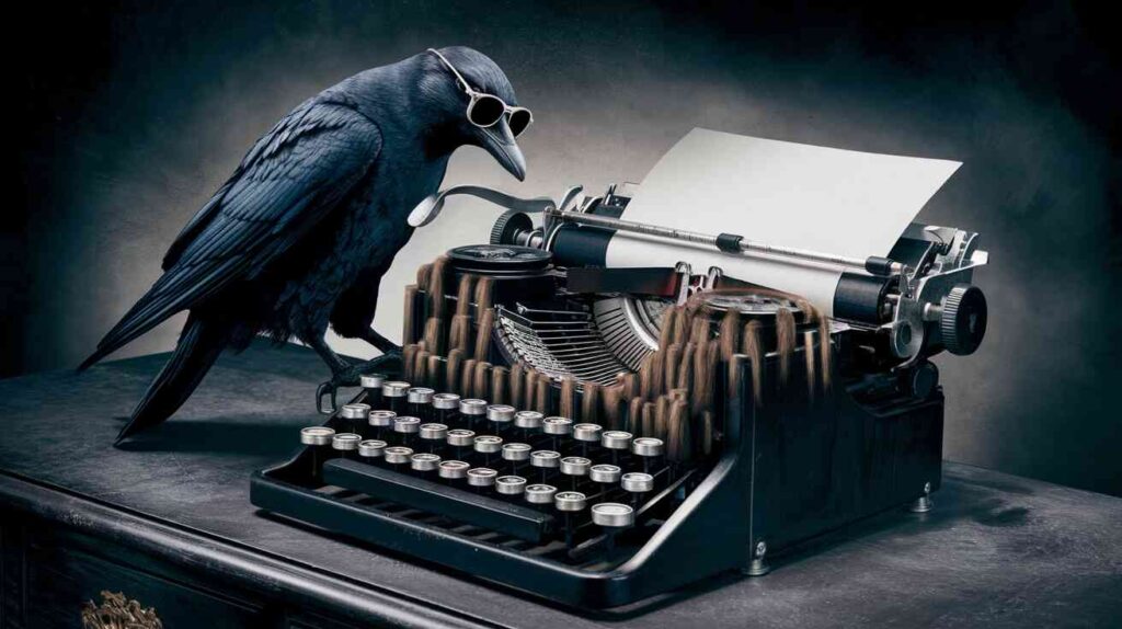 A dramatically lit desk with a typewriter, where each key is replaced with tiny versions of Neil Gaiman's hair, and a raven wearing sunglasses is pecking at them