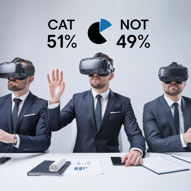 big data analytics insights, Fortune 500 executives in full VR suits studying a simple pie chart labeled "Cat" (51%) vs "Not Cat" (49%), with concerned expressions